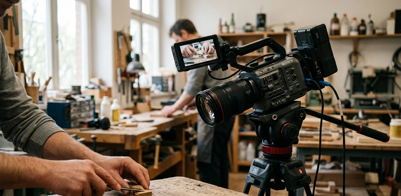 B-roll footage being recorded with camera focusing on close-up action in video production setup