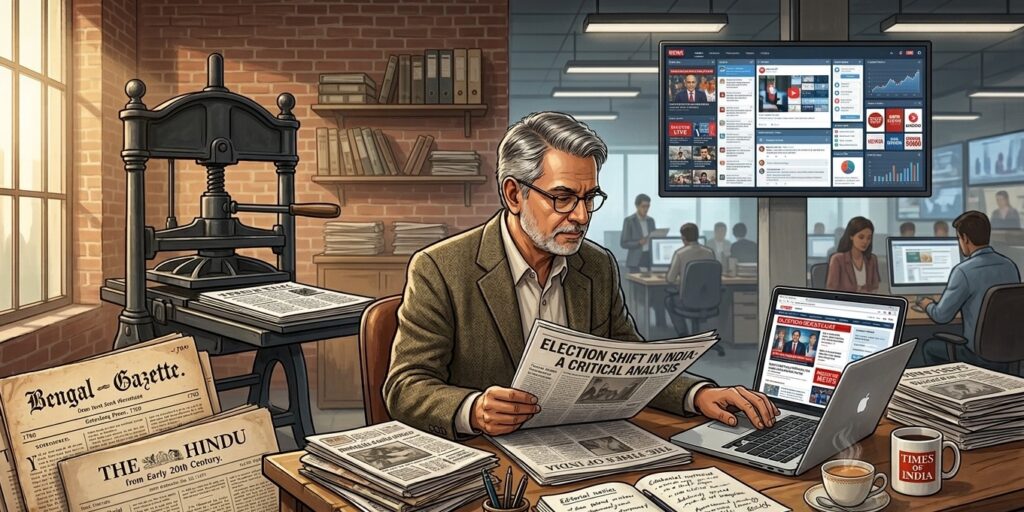 Indian journalism editor reviewing newspapers and digital news in a modern newsroom workspace
