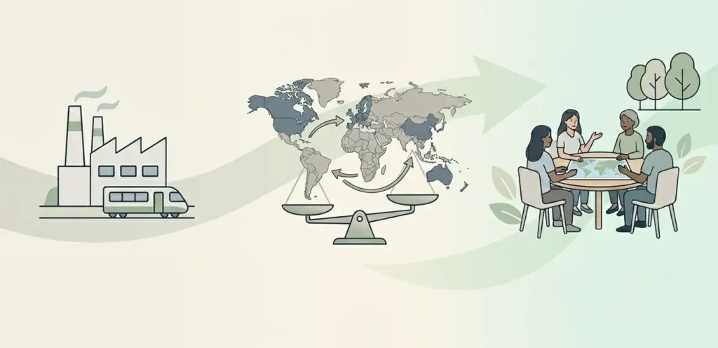 Illustration showing the evolution of development paradigms from industrial growth to global inequality and community participation