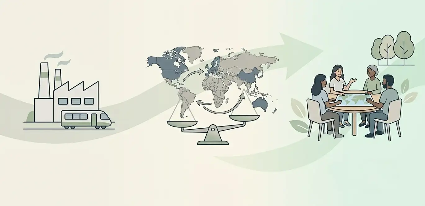 Illustration showing the evolution of development paradigms from industrial growth to global inequality and community participation