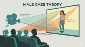 Infographic illustrating the Male Gaze Theory in media studies, showing a film camera and audience perspective framing a female character on a movie screen to explain how visual representation and spectatorship shape perception in cinema.