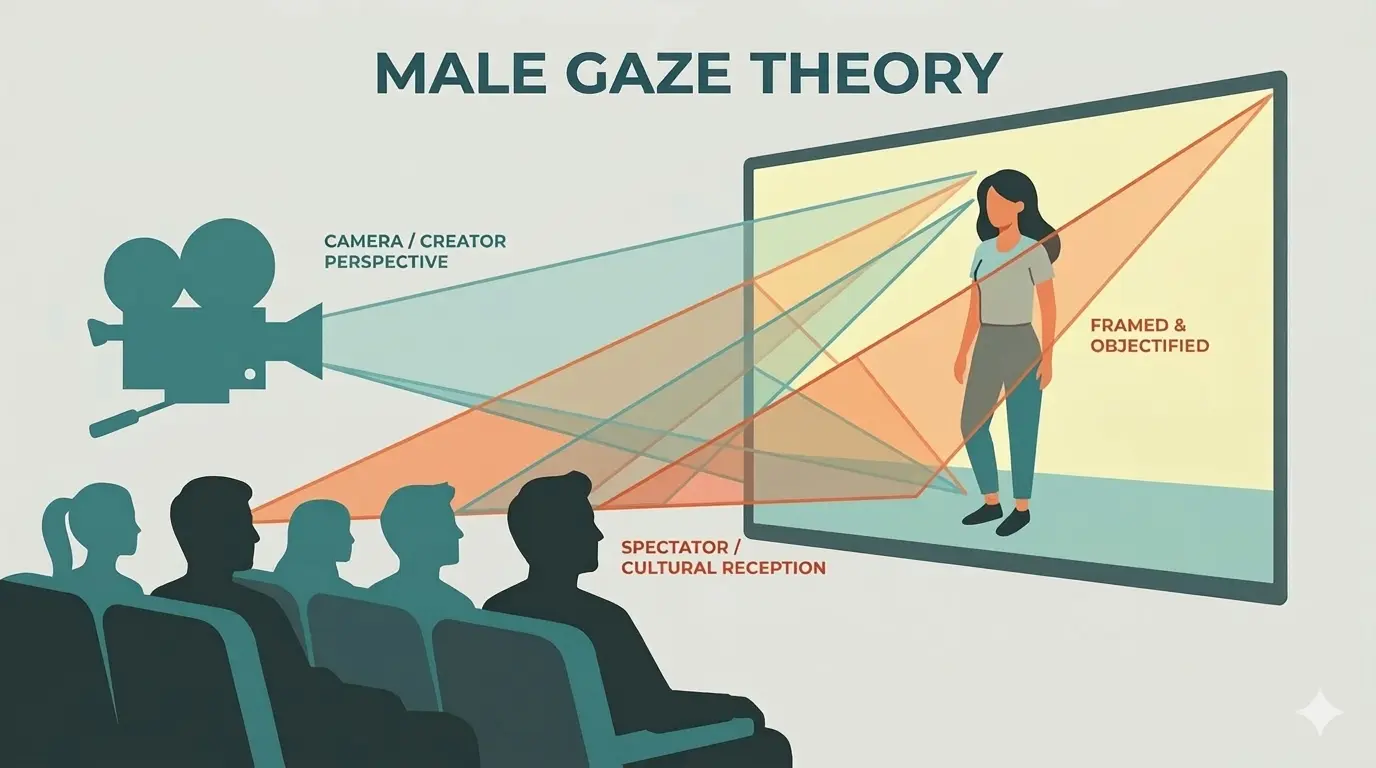 Infographic illustrating the Male Gaze Theory in media studies, showing a film camera and audience perspective framing a female character on a movie screen to explain how visual representation and spectatorship shape perception in cinema.