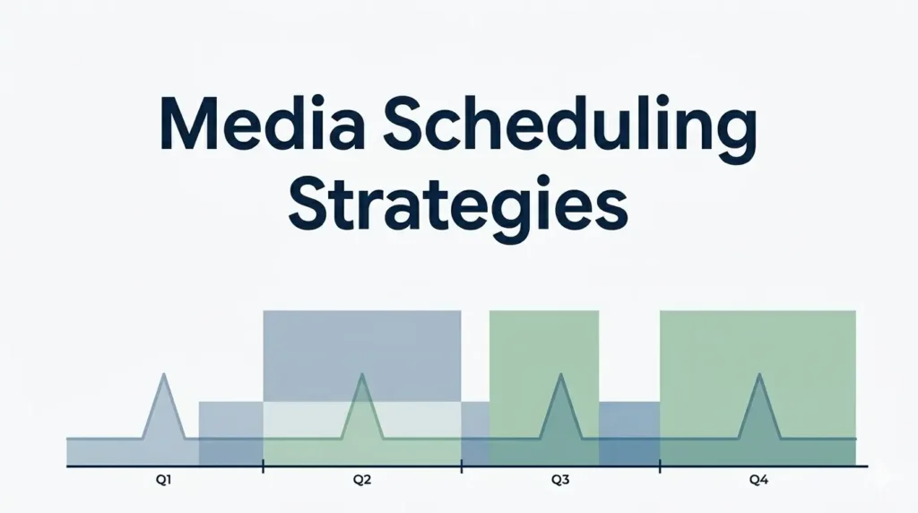 Illustration showing media scheduling strategies in advertising with a campaign timeline across Q1 to Q4 representing variations in advertising intensity.