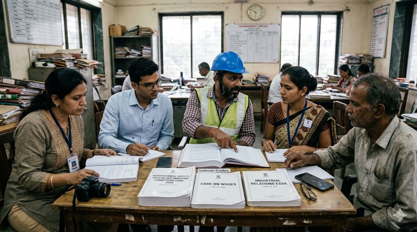 Labour laws discussion between workers and officials reviewing labour regulations and worker rights in India