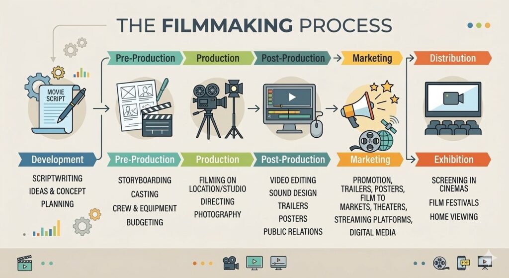 Infographic showing the filmmaking process stages including development, pre-production, production, post-production, marketing, distribution, and exhibition.