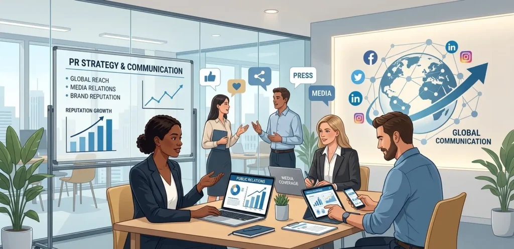 public relations communication strategy with media relations and global audience engagement
