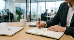 A professional working at a desk sketching a circular RACE model diagram in a notebook, representing public relations planning in an office environment.