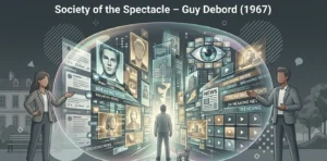 Conceptual illustration of Guy Debord’s Society of the Spectacle showing media images dominating modern society
