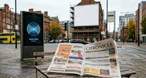 Types of advertising including newspaper print ads, digital display screen, and billboard advertising