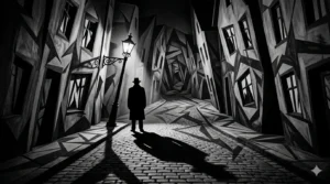 German Expressionism film movement distorted set design with angular buildings and dramatic lighting