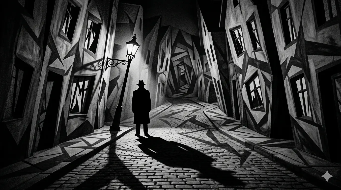German Expressionism film movement distorted set design with angular buildings and dramatic lighting