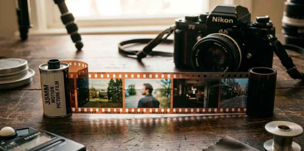 35mm film basics showing film stock, film strip, and camera used in traditional cinematography
