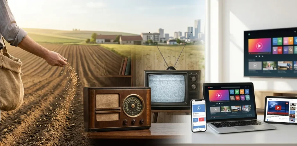 evolution of broadcasting from agricultural roots to modern mass media and digital communication