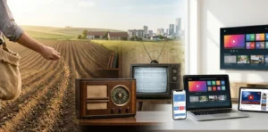 evolution of broadcasting from agricultural roots to modern mass media and digital communication