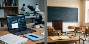 JRF vs Assistant Professor career comparison showing research workspace and classroom teaching environment