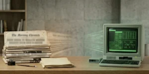 old newspapers transitioning into early digital news on a computer screen