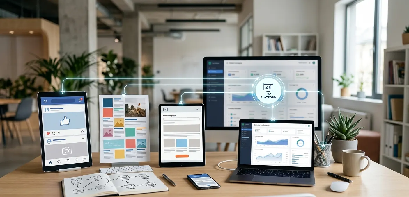 integrated marketing communication showing connected marketing channels across devices