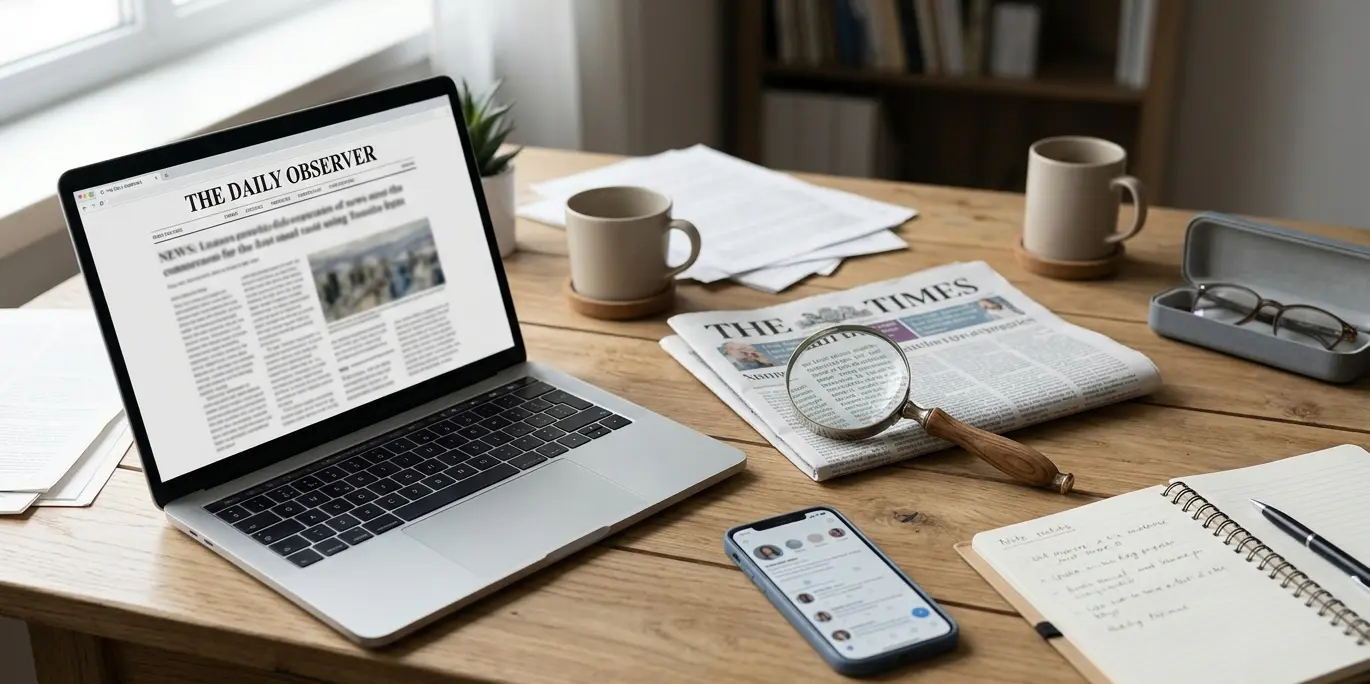 media literacy digital news analysis and fact checking workspace concept