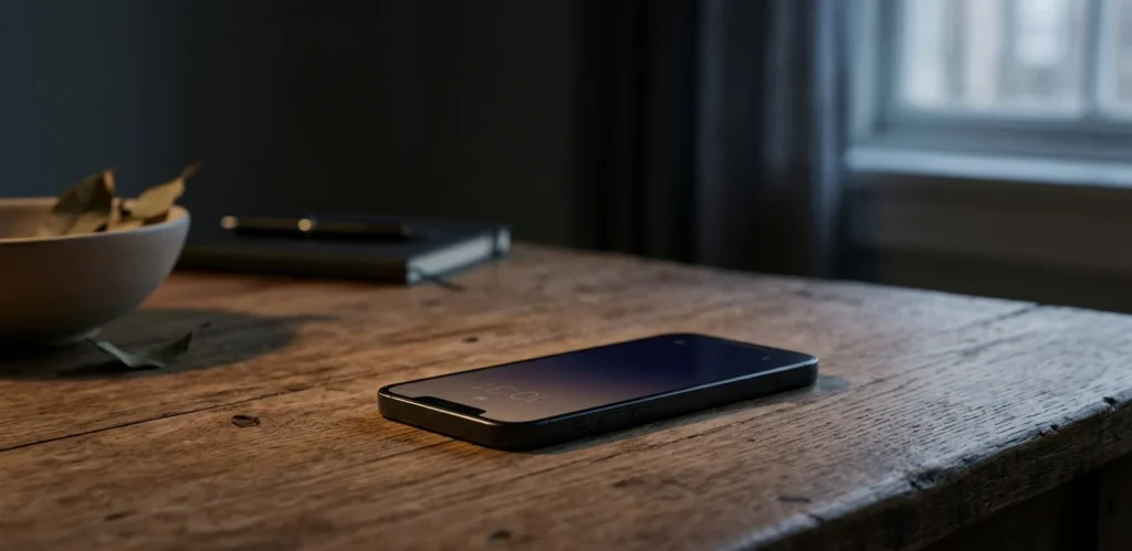 A smartphone placed on a wooden desk in a dim room, representing digital reality perception and media influence