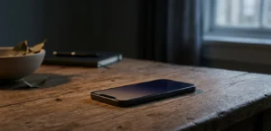 A smartphone placed on a wooden desk in a dim room, representing digital reality perception and media influence