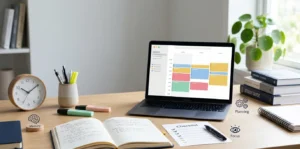 Student study desk with planner, books, and laptop showing organized exam preparation setup
