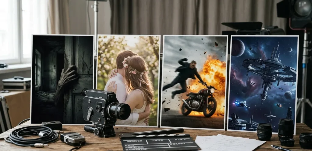 film genres showing horror romance action and science fiction in cinema