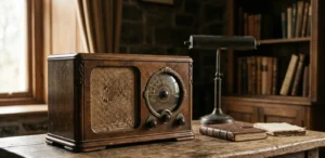 A vintage radio set placed on a wooden table, representing early radio broadcasting and the history of All India Radio