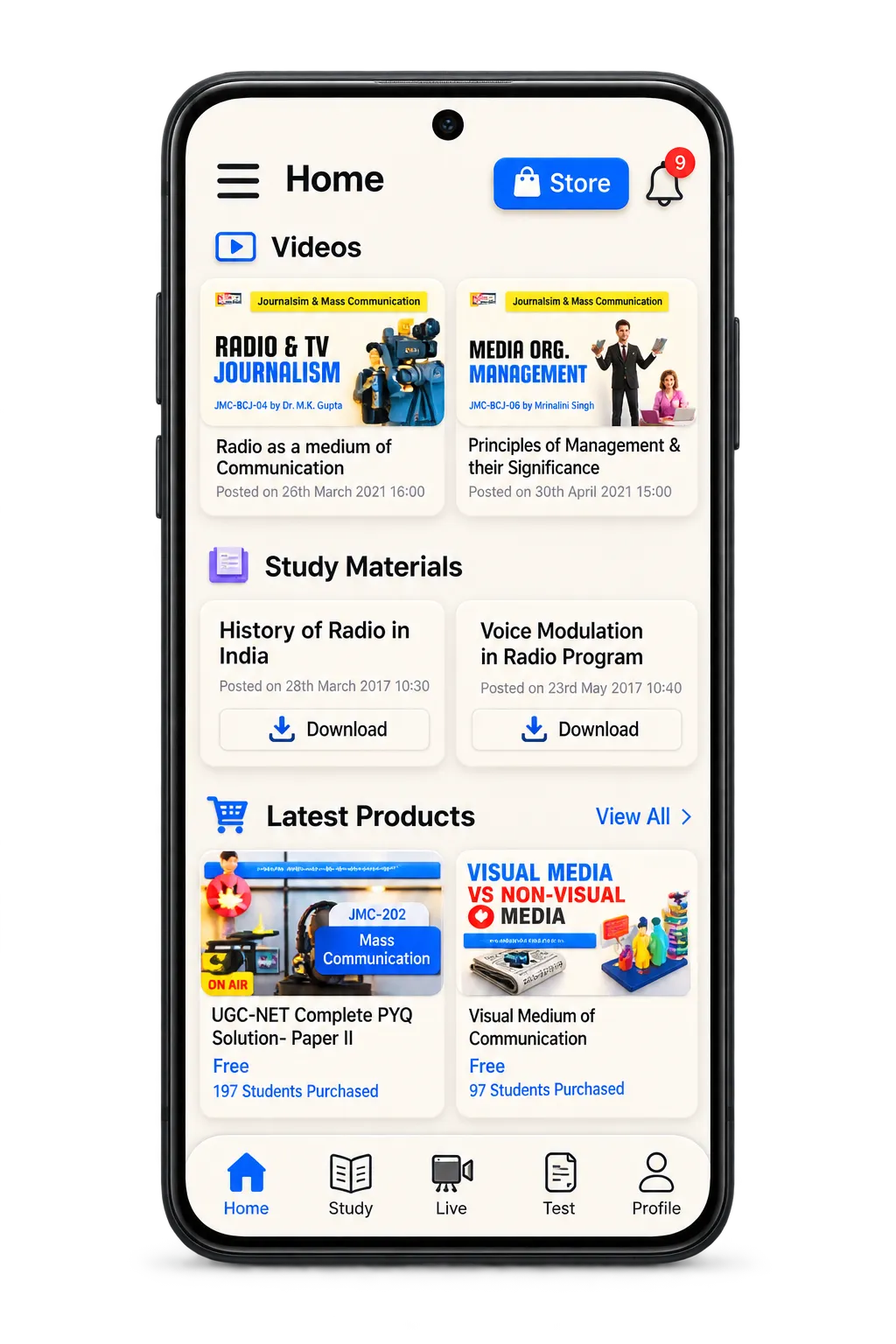 JMC Study Hub app mockup showing video lessons and study materials
